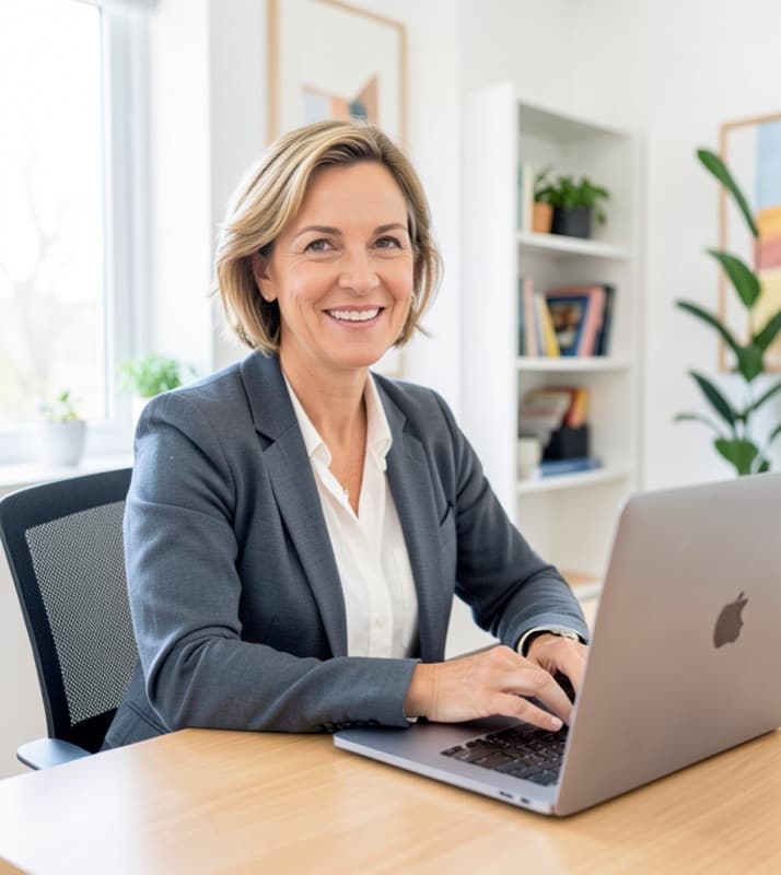 Andrea, Lead Learning Assessor, working at her desk